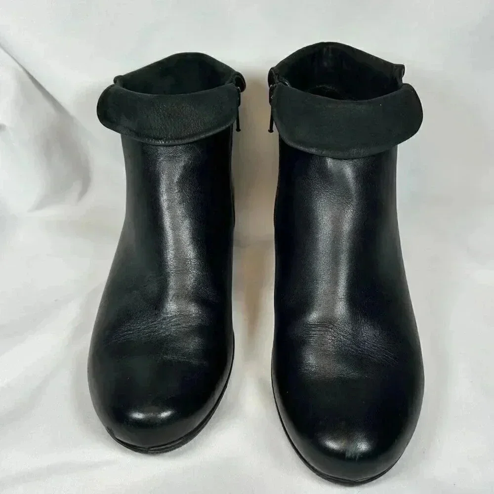 Ecco Sculptured Size US6 EU37 Women Boot Black Leather Ankle Fold Top